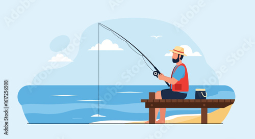 Serene Fishing Scene Vector Illustration Featuring a Man on a Dock