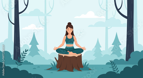 Serene Forest Meditation Woman Practicing Yoga on a Tree Stump Outdoors