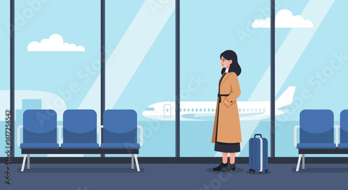 Woman Awaiting Flight At The Airport For Travel Transportation Vacation Concept