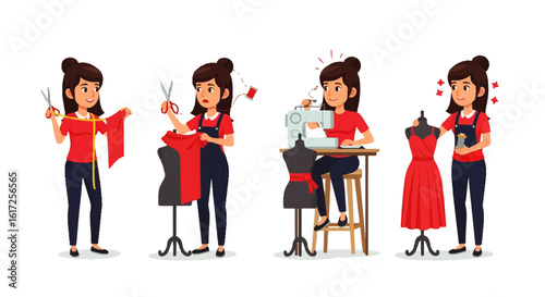 Cartoon seamstress demonstrating various stages of dressmaking with fabric and sewing machine