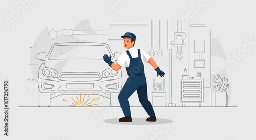 Shocked mechanic in a workshop witnessing sparks under a car during a repair job