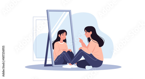 Woman Confronting Her Reflection Demonstrating Self-Reflection And Emotional Turmoil