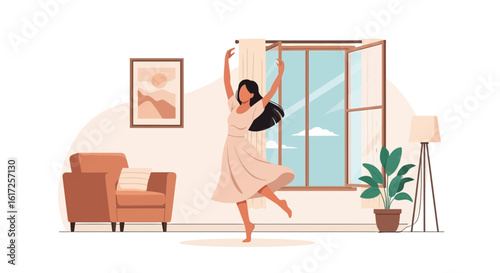 Woman Dancing Freely In A Bright Modern Living Room Illustration