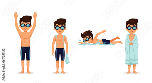 Cartoon Swimmer in Various Poses with Goggles and Dark Blue Swim Trunks