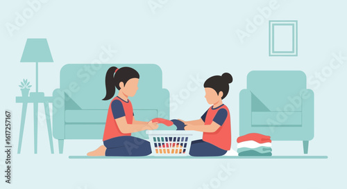 Sisters Helping With Laundry Together At Home In A Living Room