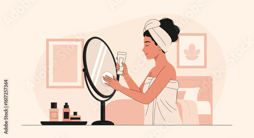 Woman Doing Her Skincare Routine With Mirror In The Morning Light