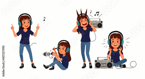 Joyful Girl with Headphones, Dancing and Enjoying Music