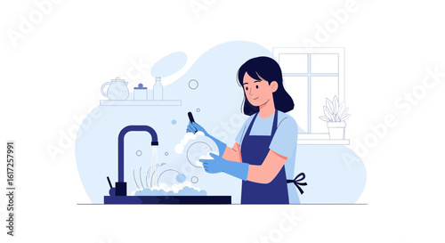 Woman Enjoying Dishwashing Routine At Home By Kitchen Sink With Soap Bubbles