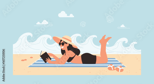 Woman Enjoying Summer Vacation Reading a Book at the Beach Sunny Day