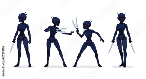 Sleek dark blue robot characters with pink visors and horns, holding sharp swords in various action poses.
