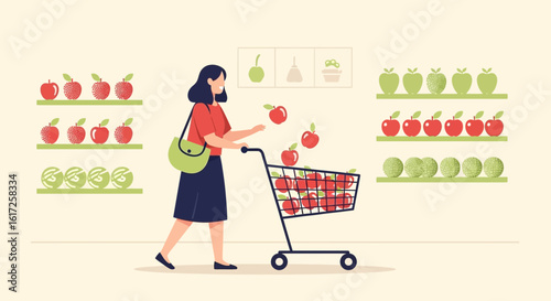 Woman enjoys grocery shopping for fresh apples and vegetables in the supermarket aisle