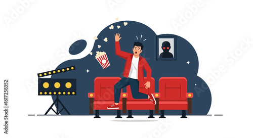 Startled Spectator Leaping In Cinema Seat From Surprise With Falling Popcorn