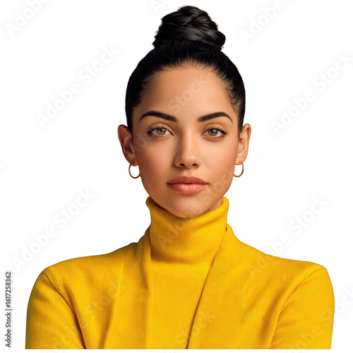 Elegant woman with a sleek top knot bun wearing a bright yellow turtleneck and gold hoop earrings.