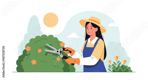 Woman Gardener Trimming Bush With Pruning Shears In Summer Season Outdoors