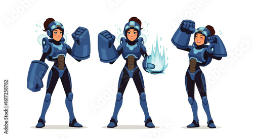 Strong female character in blue sci-fi armor with powerful gauntlets and energy