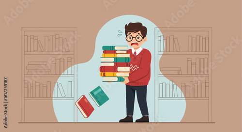 Student Carrying A Large Stack Of Books Risking Dropping Them All At Once