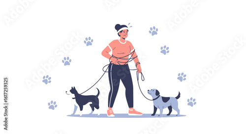 Woman getting tangled in dog leashes, struggling to walk her two energetic dogs on a bright background