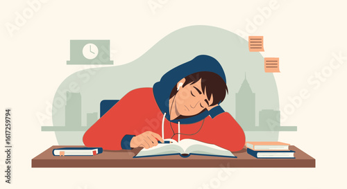Student Taking A Nap While Studying At Desk In A Modern Room Interior