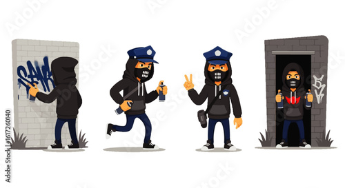 Graffiti Artist Character Set: Hooded Figure with Mask, Spray Cans, and Police Cap Variations