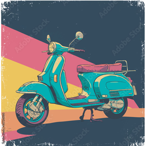 Stylish retro scooter illustration with a vibrant vintage color scheme. Classic moped for urban transport and travel.