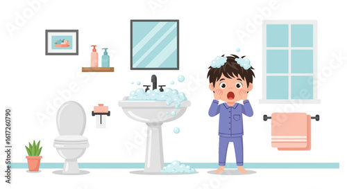 Surprised boy in pajamas with soapy hair in bathroom illustration scene