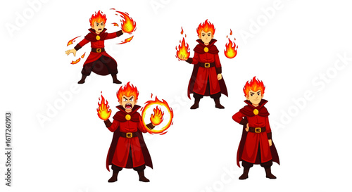 Fiery-Haired Mage in Red Robe, Four Dynamic Poses, Manipulating Flames