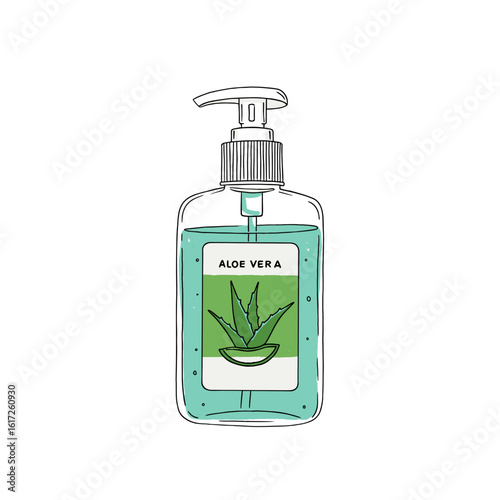 Aloe vera hand sanitizer bottle with pump and green label  
