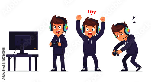Young gamer boy character in a blue hoodie showing various emotions: focused, celebrating victory, and feeling defeated while playing.