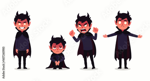 Cartoon Devil Boy with Horns and Cape in Various Emotions