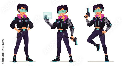 Smiling Cyberpunk Woman with Futuristic Goggles, Robotic Arms, and Neon Accents, Holding Gun and Hologram