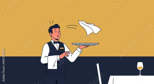Surprised Waiter Dropping The Napkin At A Fancy Restaurant Dining Table