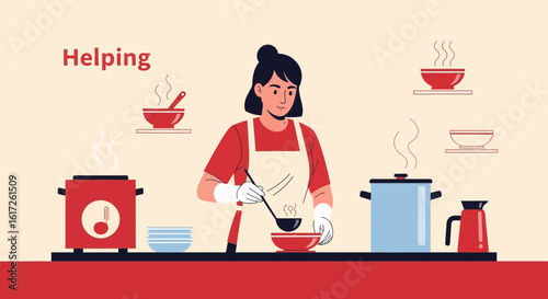 Woman In Apron Cooking Food Vector Illustration In Kitchen Setting