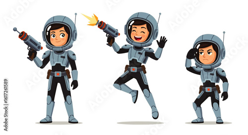 Cartoon Astronauts in Futuristic Space Suits with Laser Guns