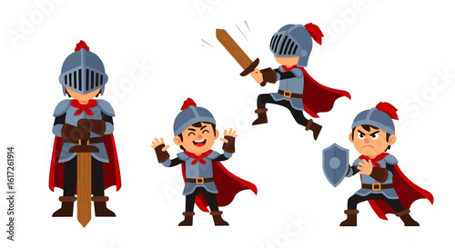 Set of a cartoon boy knight character in blue armor with various poses and expressions.