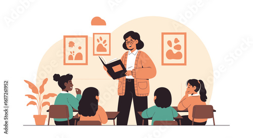 Teacher Reading Story To Students In Classroom Learning Illustration