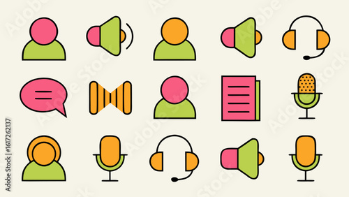 Collection of modern audio broadcasting symbols featuring microphone sound waves and playback controls for digital media applications