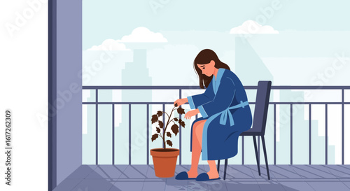 Woman On Balcony Tending To Wilted Plant With Gloomy Urban Background