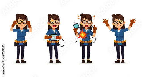 Cartoon Female Electrician Demonstrating Various Actions and Reactions