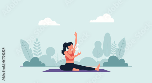 Woman practices yoga outdoors for mental health and wellness with nature background illustration
