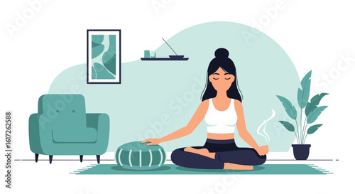 Woman Practicing Meditation For Inner Peace And Well Being At Home