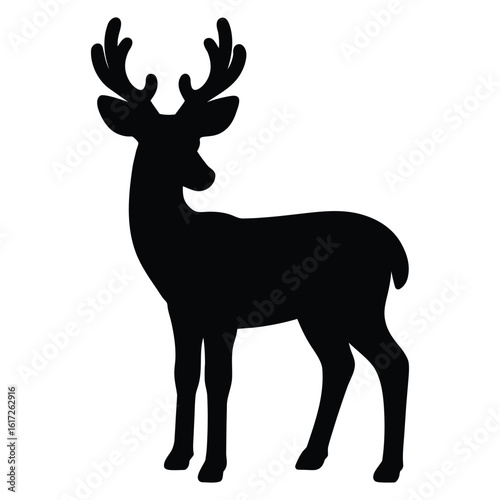 Black silhouette of a deer with antlers standing on a white background animal