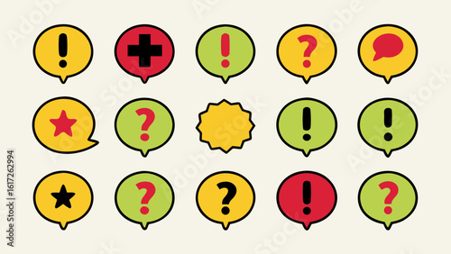 Collection of graphic symbols representing inquiry uncertainty and seeking clarification presented in a clean modern style with distinct color accents