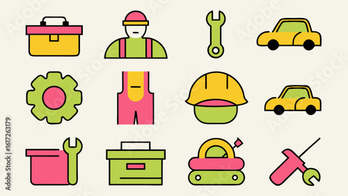 Comprehensive collection of professional service symbols featuring a toolbox wrench and skilled tradesperson for maintenance and repair applications
