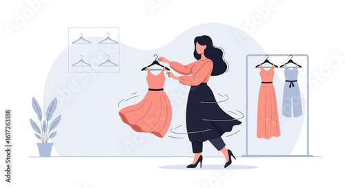 Woman Shopping Dresses Choosing Outfit In Showroom Or Clothing Store