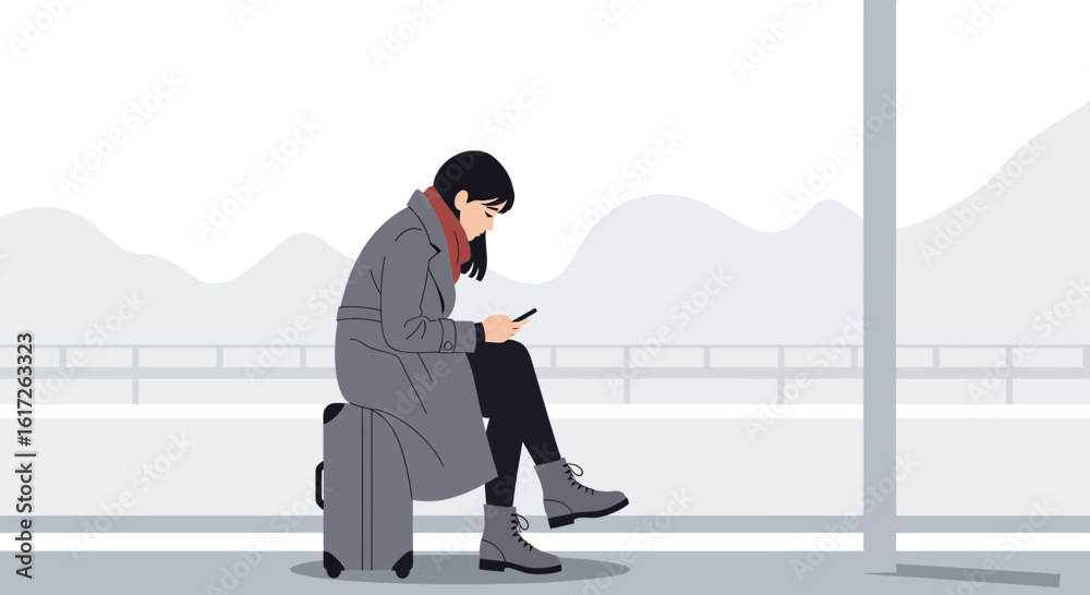 Fototapeta premium Woman Sitting On Suitcase Using Smartphone At Airport During Winter