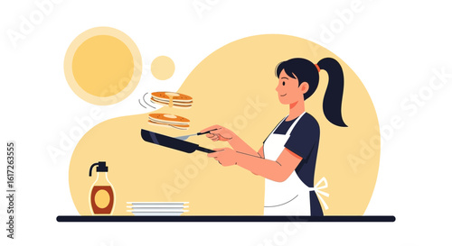Woman Skillfully Flipping Pancakes With Flair For A Delicious Breakfast