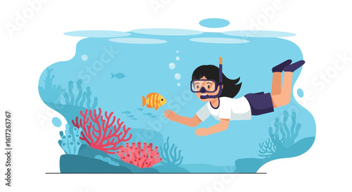 Woman Snorkeling Underwater Exploring Marine Life On A Sunny Day