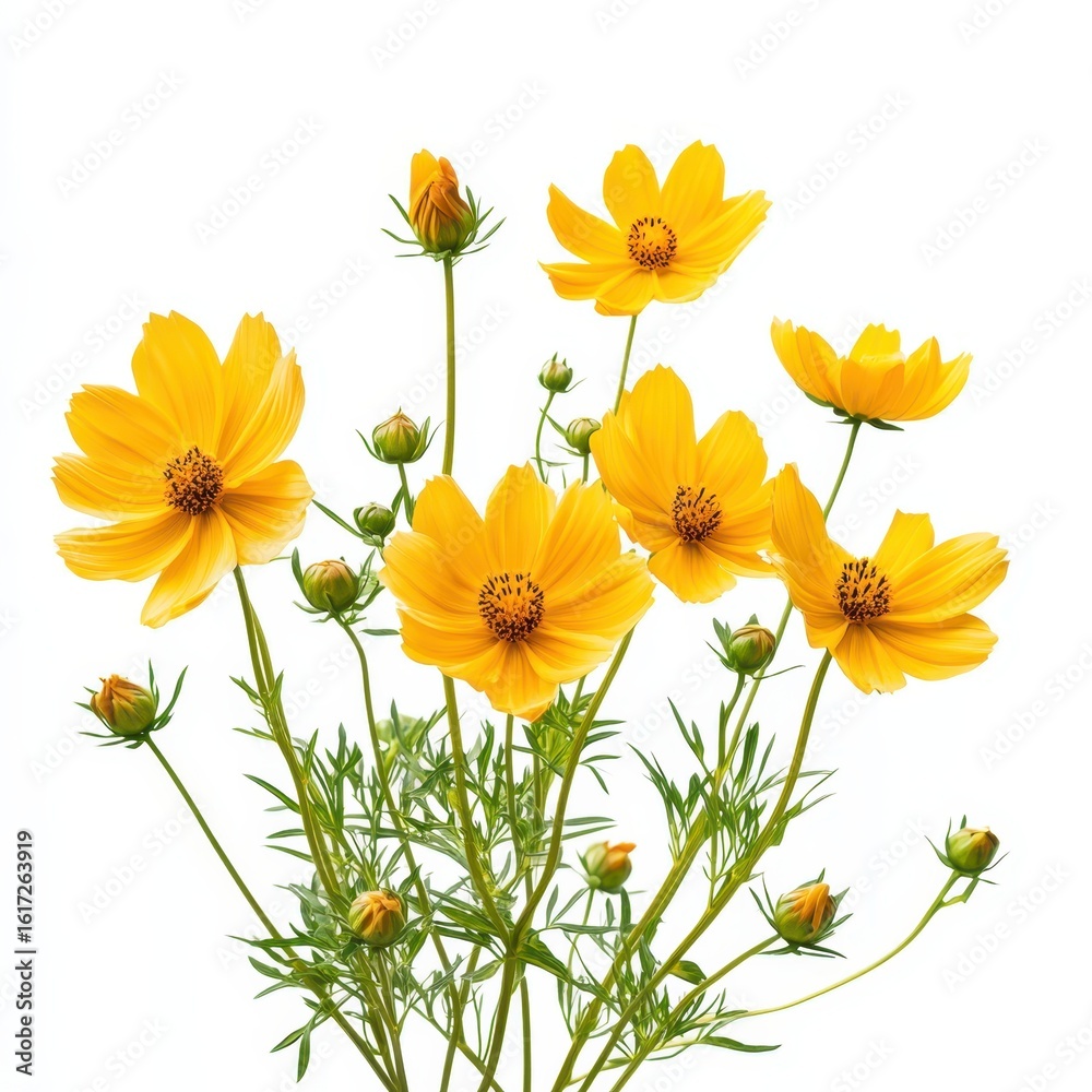 Fototapeta premium Vibrant yellow cosmos flowers isolated on white background