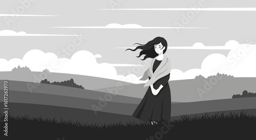 Woman Standing In Grayscale Landscape During Windy Weather Illustration