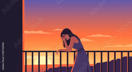 Woman Stands On Balcony Experiencing Emotional Turmoil During Sunset Illustration